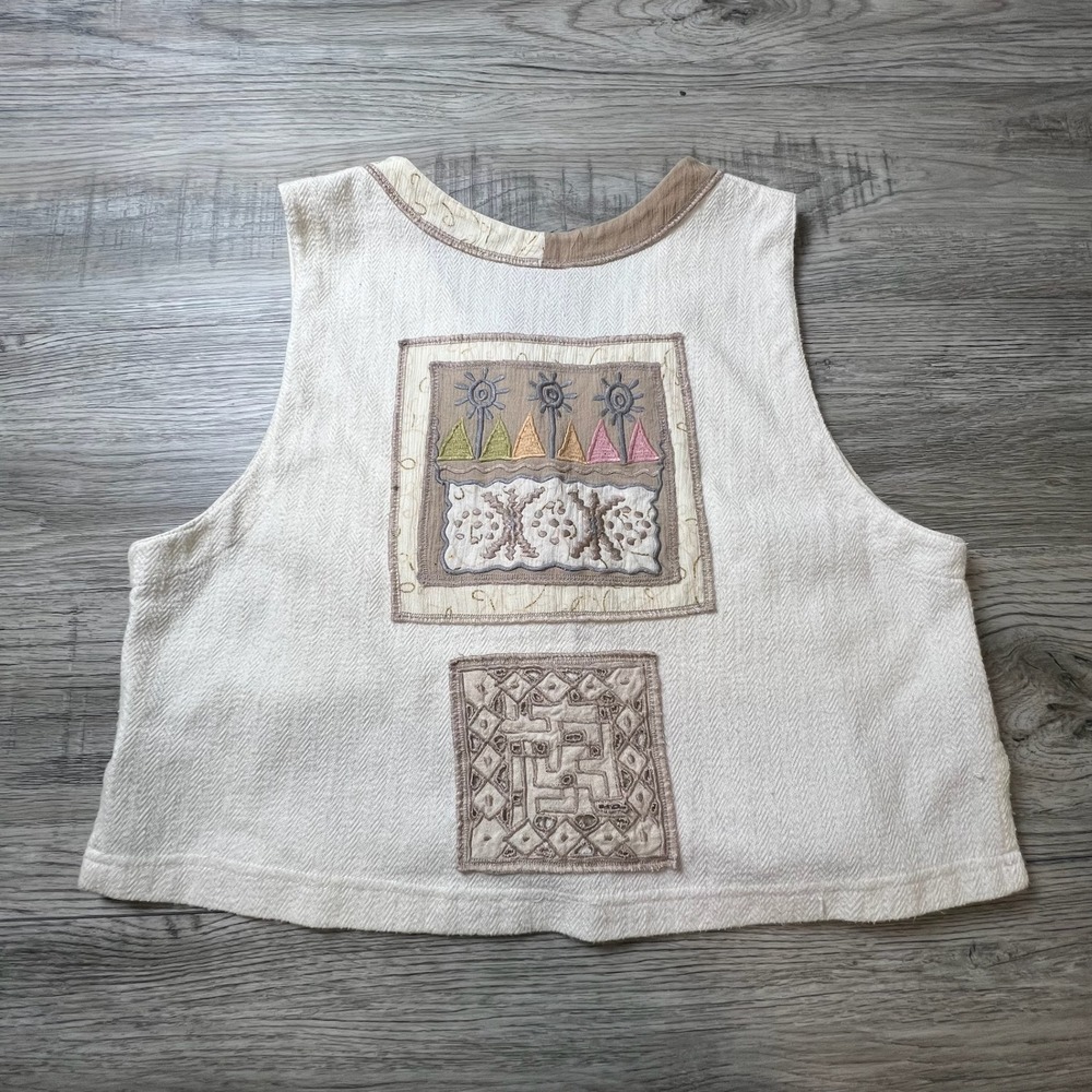 Surya Vest Womens Small Cream Boho Embroidered Patchwork Y2K Artsy Button Front - Picture 4 of 8